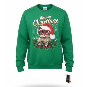 IML Mens Meowy Christmas Cat Green Crewneck Sweatshirt, Size XXL, NWT